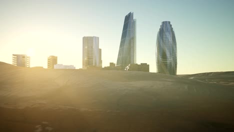 Rascacielos-De-La-Ciudad-En-El-Desierto-Al-Atardecer
